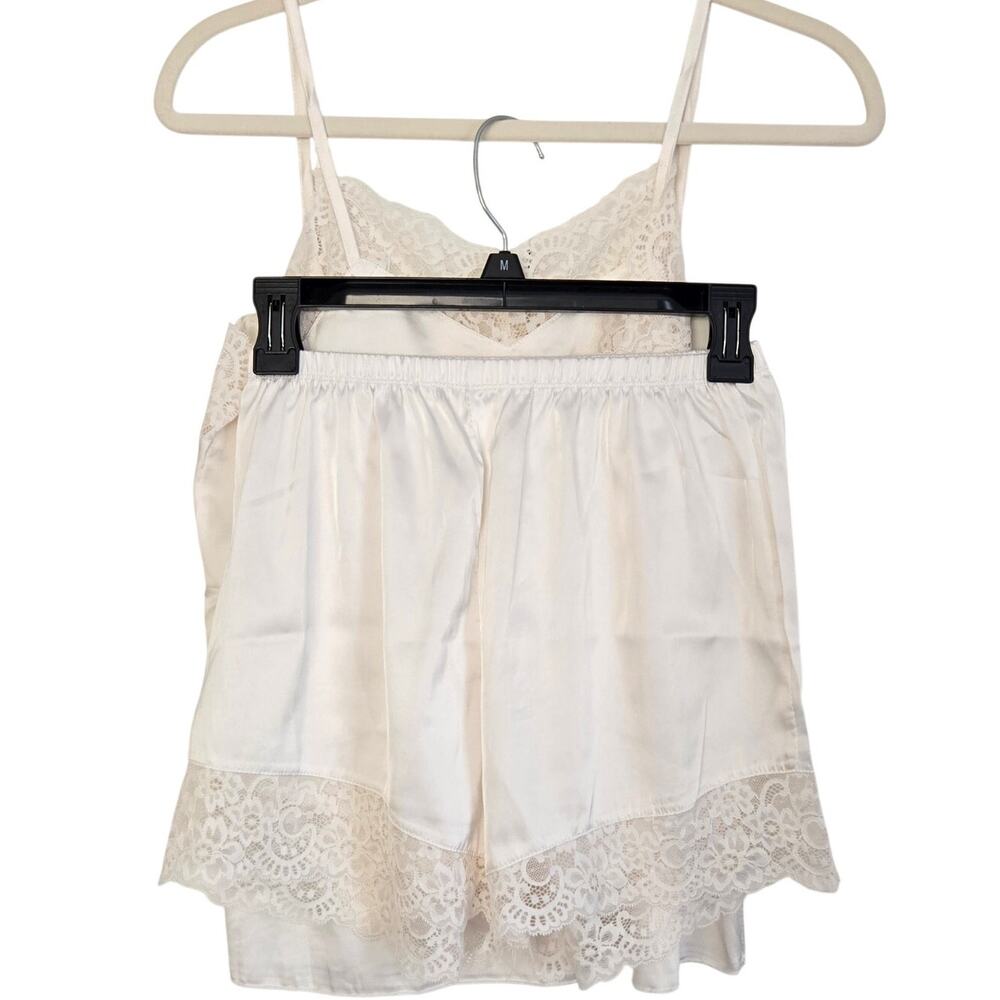 Bridal Feminine White Satin Pajama Lace Trim Cami & Shorts Two‑Piece Sleepwear M